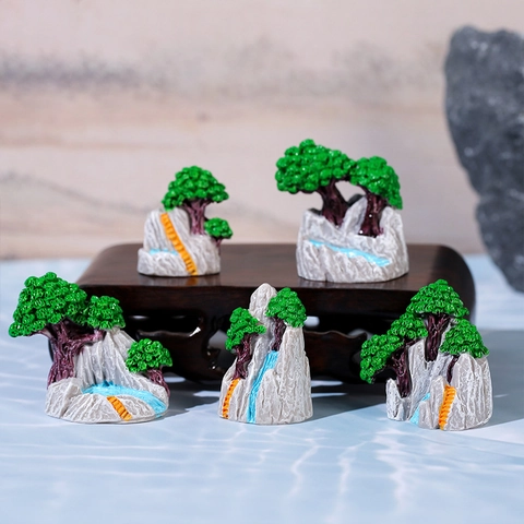New Chinese Style Miniature Rockery Pine Tree Resin Figurine Micro Landscape Bonsai Decoration Desk Ornament Garden Decor