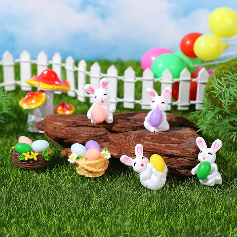 Miniatur Osterhase Kaninchen Figuren Mit Bunten Eiern Harz Pilz Blumenkorb Vogelnest Desktop Deko Ornamente