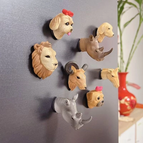 Imanes de Nevera Creativos de Resina Cabeza de Animal 3D Realista León Rinoceronte Perro Cabra Pegatinas Magnéticas Decoración Hogar