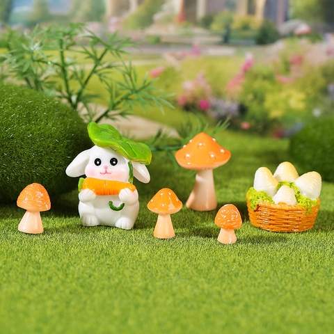 Miniatura Statuina di Coniglio e Fungo Micro Paesaggio Decorazione in Resina DIY Accessori per Giardino delle Fate