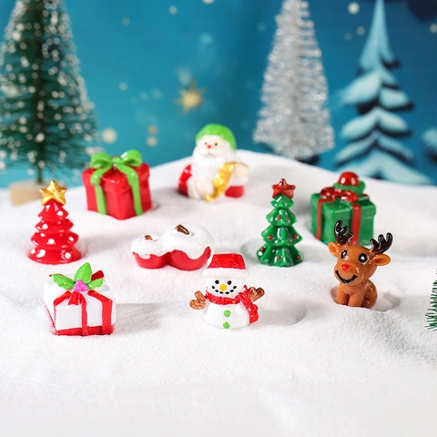Miniatur Weihnachten Harz Figuren Set Weihnachtsmann Schneemann Rentier Weihnachtsbaum Geschenkbox Mikrolandschaft Dekoration DIY Zubehör