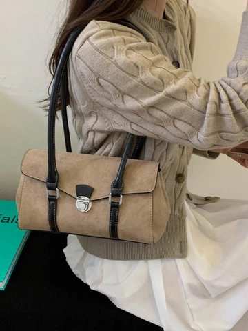 Franse Retro Matte Suede-Look PU Leer Baguette Schoudertas Voor Dames Minimalistische Woon-werkverkeer Onderarmtas Metalen Slot