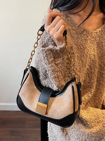 Vintage Women Hobo Underarm Bag Contrast Suede PU Leather Gold Chain Shoulder Bag Retro Casual Small Square Bag Fashion