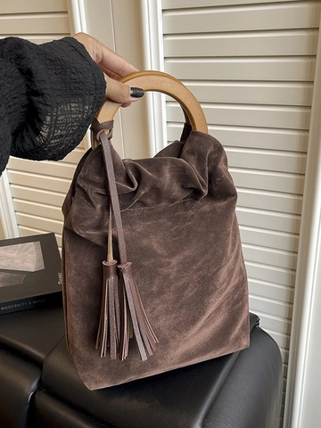 Borsa a Secchiello Pieghettata Vintage da Donna Con Manico in Legno Nappe Similcamoscio Retro Trendy Borsa a Tracolla Per Uso Quotidiano Casual Viaggi