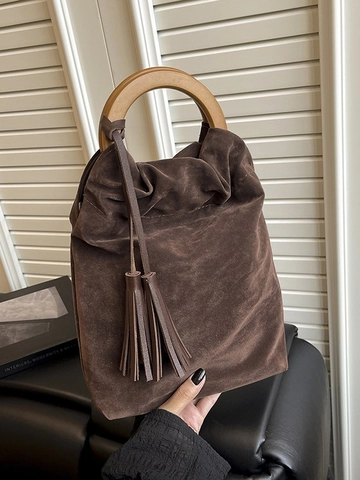 Borsa a Secchiello Pieghettata Vintage da Donna Con Manico in Legno Nappe Similcamoscio Retro Trendy Borsa a Tracolla Per Uso Quotidiano Casual Viaggi