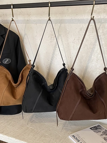 Bolso Tote de Gran Capacidad Aspecto Gamuza Para Mujer Vintage Maillard Bolso de Hombro Con Costuras en Contraste Bolso Hobo