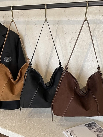 Bolso Tote de Gran Capacidad Aspecto Gamuza Para Mujer Vintage Maillard Bolso de Hombro Con Costuras en Contraste Bolso Hobo