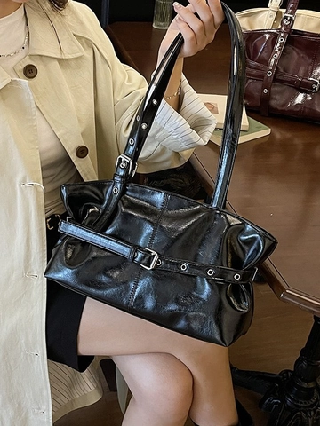 Borsa Sottobraccio in Pelle PU Lucida Retrò Donna Stile Coreano Vintage Borsa a Spalla Tote Con Decorazione a Cintura Occhielli Argento