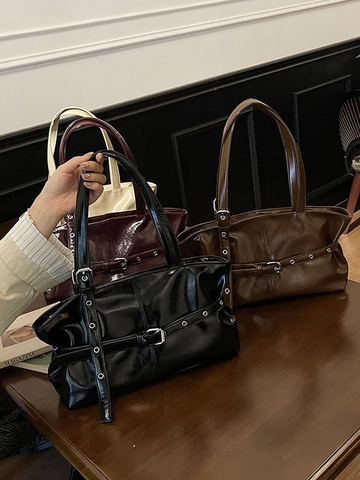 Borsa Sottobraccio in Pelle PU Lucida Retrò Donna Stile Coreano Vintage Borsa a Spalla Tote Con Decorazione a Cintura Occhielli Argento