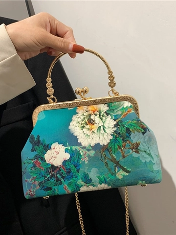 Γυναικεία Ρετρό Κινεζική Τσάντα Χειρός Cheongsam Κομψή Τσάντα με Σατέν Πλαίσιο Μεταλλική Λαβή Τσάντα Ώμου για Γάμο