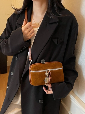 Vintage Matte Suede PU Leather Box Bag For Women Retro Fashion Small Crossbody Shoulder Bag With Robot Pendant Cell Phone Bag