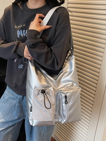 Oxford Cloth Shoulder Bag For Women Large Capacity Multi Pocket Drawstring Zipper Crossbody Bag Work School Travel Tote