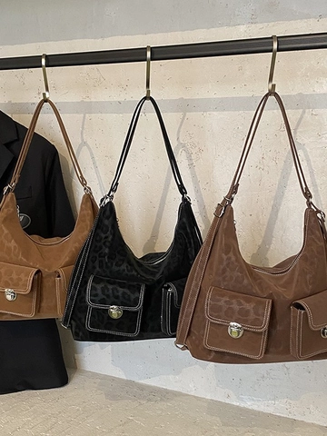 Borsa a Tracolla da Donna Vintage con Stampa Leopardata Grande Capacità Hobo Tote Ecopelle Cuciture a Contrasto Multitasca