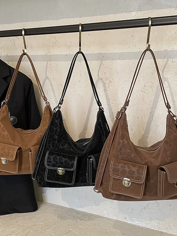Borsa a Tracolla da Donna Vintage con Stampa Leopardata Grande Capacità Hobo Tote Ecopelle Cuciture a Contrasto Multitasca
