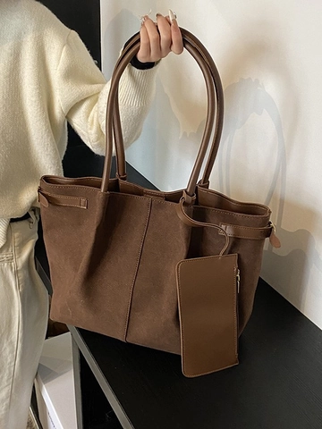Grand Sac Fourre-Tout en Similicuir Aspect Daim Avec Pochette pour Femmes Sac à Épaule Minimaliste Coréen Décontracté Bureau
