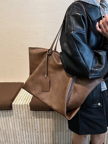 Bolso Tote Vintage de Gran Capacidad para Mujer Minimalista Cuero PU Bolso de Hombro Retro Bolso de Axila con Etiqueta