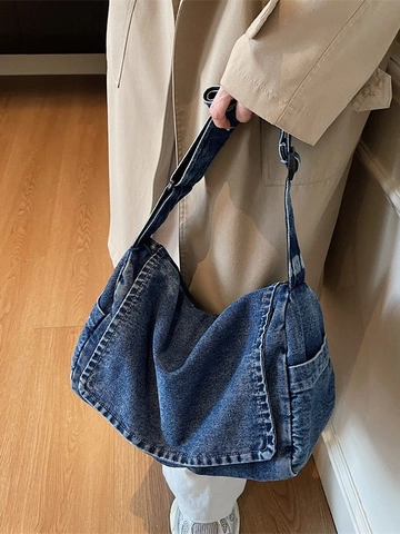 Borsa a Tracolla da Donna in Denim Lavato Retrò Grande Capacità Borsa a Spalla Casual Con Tracolla Regolabile Tasche Laterali Borsa Messenger