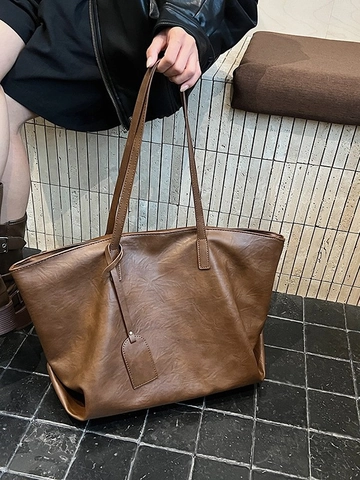 Bolso Tote Vintage de Gran Capacidad para Mujer Minimalista Cuero PU Bolso de Hombro Retro Bolso de Axila con Etiqueta