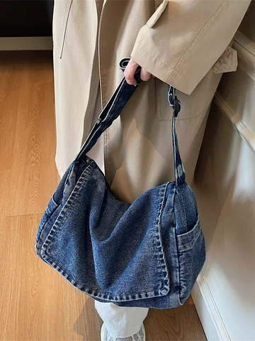 Borsa a Tracolla da Donna in Denim Lavato Retrò Grande Capacità Borsa a Spalla Casual Con Tracolla Regolabile Tasche Laterali Borsa Messenger