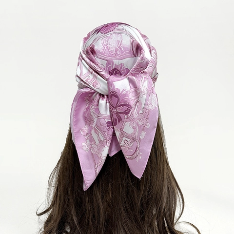 Pañuelo Cuadrado de Satén Elegante para Mujer Estampado Floral de Cadena Vintage Pañuelo Estilo Seda Accesorio de Pelo Bandana