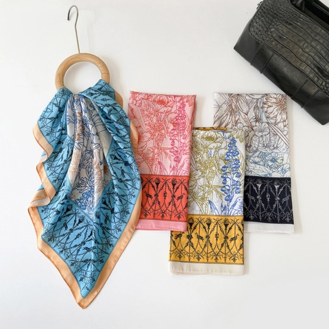 Vintage Floral Bird Print Satin Square Scarf For Women Versatile Luxury Silk Like Headscarf Hair Bandana Neckerchief