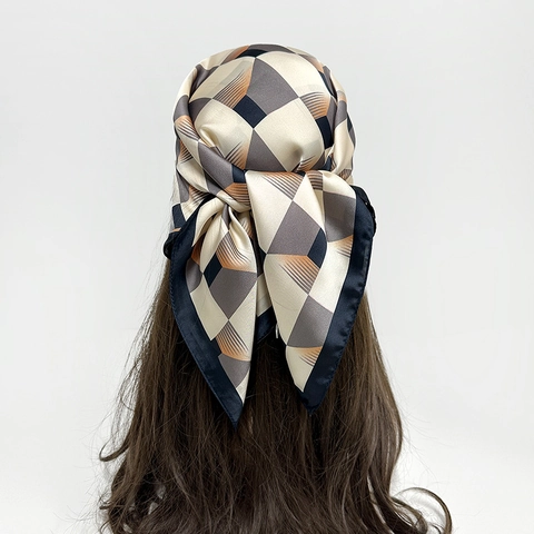 Elegant Modern Geometric Cube Pattern Square Satin Scarf For Women Office Career Neck Tie Fashion Decorative Hair Wrap