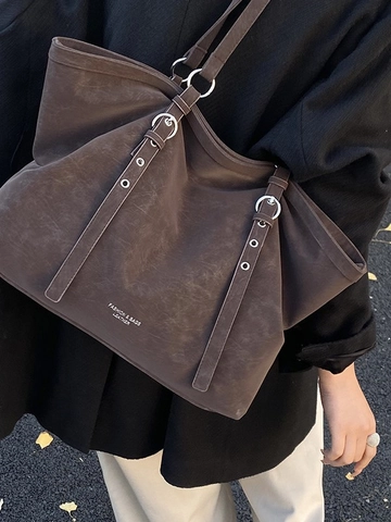 Bolso Tote de Gran Capacidad para Mujer en Cuero Sintético Mate Con Decoración de Hebilla de Metal Retro Bolso de Viaje Diario