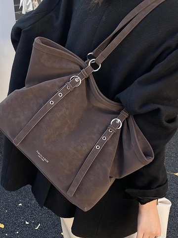 Bolso Tote de Gran Capacidad para Mujer en Cuero Sintético Mate Con Decoración de Hebilla de Metal Retro Bolso de Viaje Diario