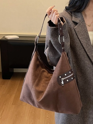 Vintage Hobo Shoulder Bag Large Capacity Suede Look Synthetic Leather Rivet Zipper Detail Leopard Print Tote Bag For Women
