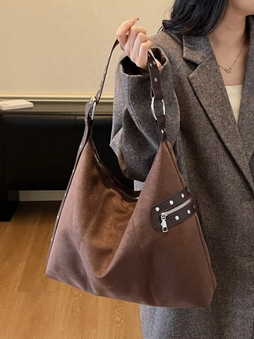Vintage Hobo Shoulder Bag Large Capacity Suede Look Synthetic Leather Rivet Zipper Detail Leopard Print Tote Bag For Women