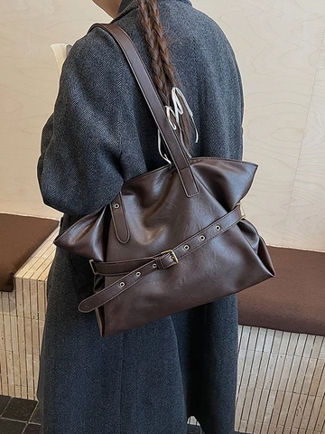 Damen Große Kapazität Tragetasche Vintage PU Leder Schultertasche Mit Schnalle Ösen Dekor Pendler Unterarm Handtasche