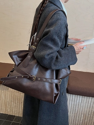 Damen Große Kapazität Tragetasche Vintage PU Leder Schultertasche Mit Schnalle Ösen Dekor Pendler Unterarm Handtasche