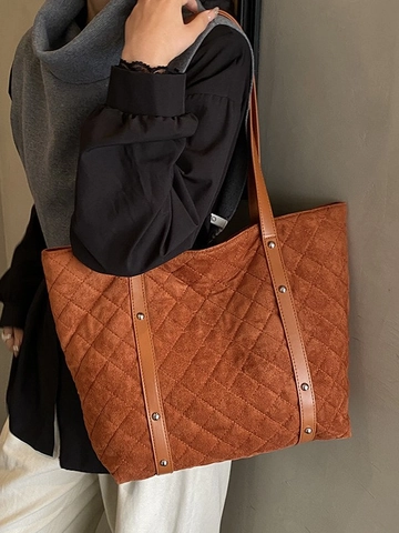 Bolso Tote Acolchado de Gran Capacidad para Mujer Patrón de Diamante Cuero Sintético Bolso de Hombro con Decoración de Remaches