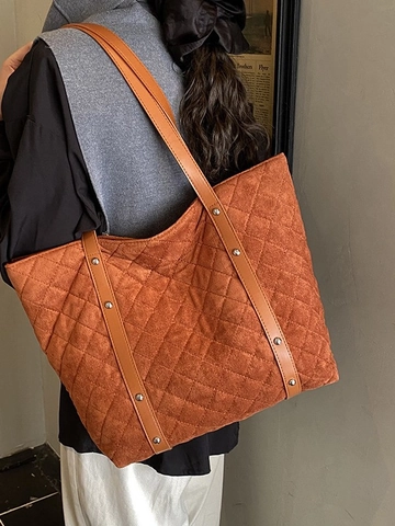 Bolso Tote Acolchado de Gran Capacidad para Mujer Patrón de Diamante Cuero Sintético Bolso de Hombro con Decoración de Remaches