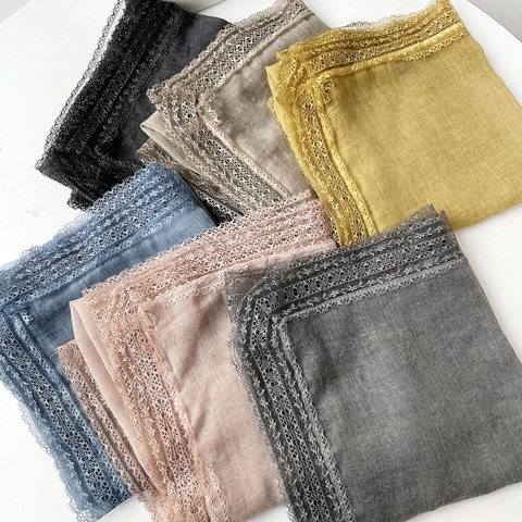 Women Elegant Solid Color Lace Trim Shawl Scarf Lightweight Breathable Polyester Cotton Blend Square Wrap For Travel Daily Office
