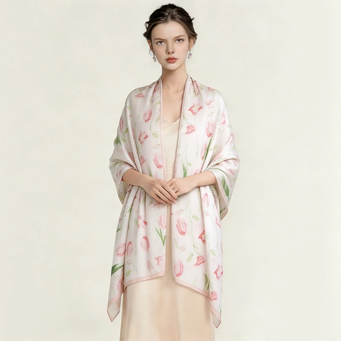 Elegante Sciarpa Lunga in Raso con Stampa Floreale di Tulipani per Donna Leggero Scialle Protettivo Solare Decorativo per Viaggi