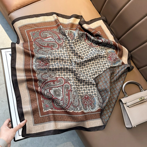 Women Vintage Paisley Floral Print Satin Square Scarf Silk Like Elegant Neck Scarf Bandana Wrap Accessory For Lady