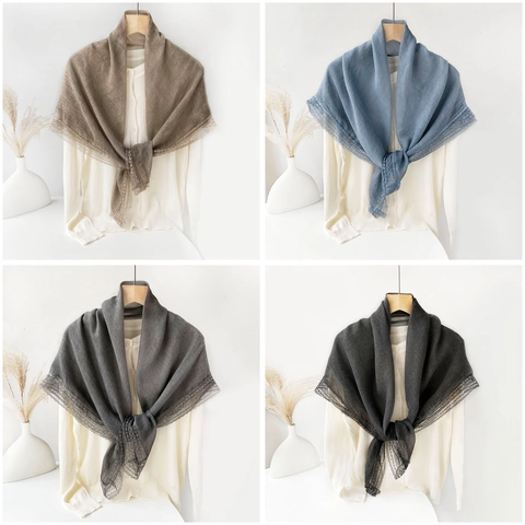 Women Elegant Solid Color Lace Trim Shawl Scarf Lightweight Breathable Polyester Cotton Blend Square Wrap For Travel Daily Office