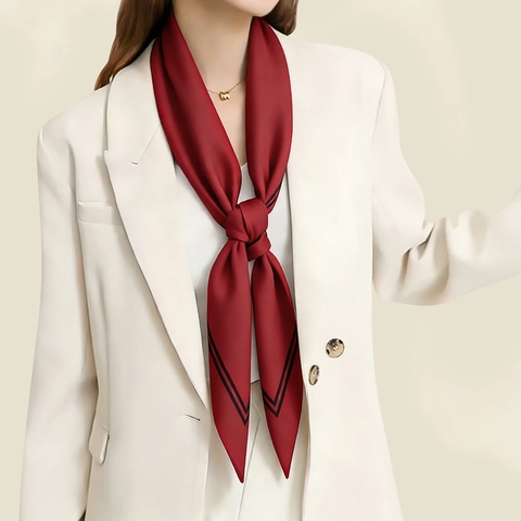 Vintage Elegant Burgundy Satin Triangle Scarf With Black Stripe Edge Herringbone Texture Versatile Neck Scarf For Women Office Banquet