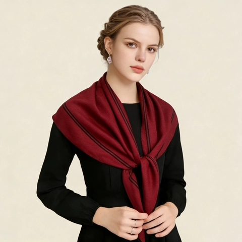 Vintage Elegant Burgundy Satin Triangle Scarf With Black Stripe Edge Herringbone Texture Versatile Neck Scarf For Women Office Banquet