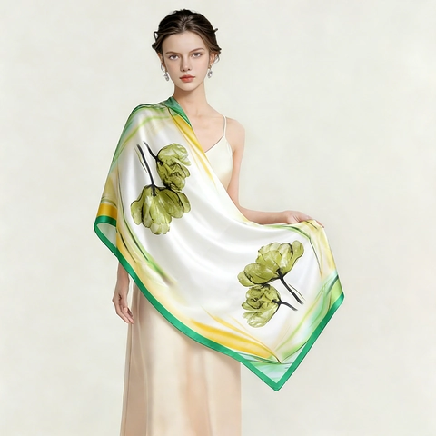 Women Satin Floral Print Shawl Large Sun Protection Scarf Artistic Tulip Pattern Vacation Beach Wrap Elegant Neck Scarf