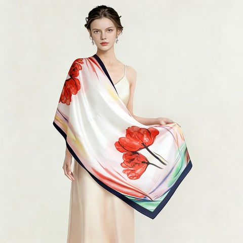 Women Satin Floral Print Shawl Large Sun Protection Scarf Artistic Tulip Pattern Vacation Beach Wrap Elegant Neck Scarf
