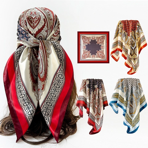 Damen Vintage Paisley Print Satin Quadratisches Halstuch Großes Boho Bandana Kopftuch Für Alltag Urlaub Mode Haarschal