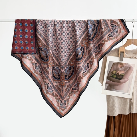 Vintage Satin Τετράγωνο Μαντήλι με Λουλούδια Paisley για Γυναίκες Διπλής Όψεως Ψαροκόκαλο Εκτύπωση Σάλι Ρετρό Ethnic Μοτίβο Κομψό Μαντήλι Λαιμού
