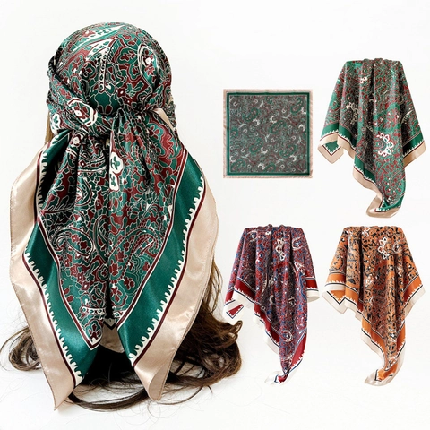 Vintage Paisley Pattern Satin Square Scarf For Women Retro Ethnic Style Large Hair Headband Neck Scarf Shawl Accessory