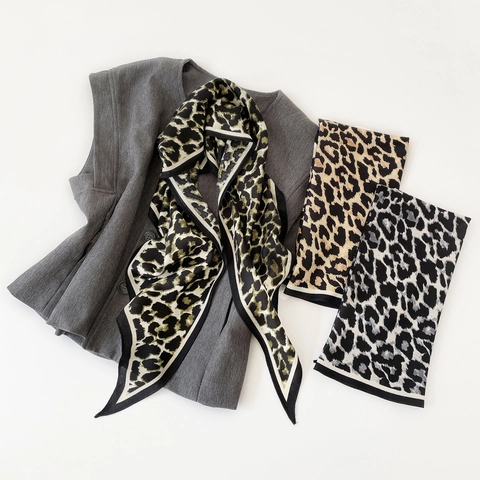 Leopard Print Satin Triangle Scarf For Women Fashion Herringbone Texture Sun Protection Shawl Hair Headwrap Scarf Accessory