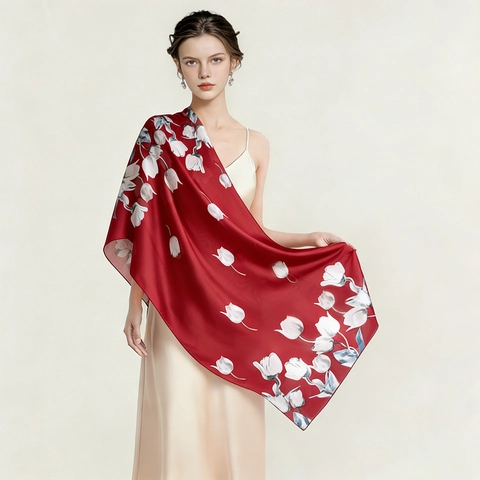 Elegante Sciarpa in Satin Con Stampa Floreale di Tulipani Vintage per Donna Grande Scialle Simil Seta Protezione Solare Accessorio