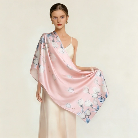 Elegante Sciarpa in Satin Con Stampa Floreale di Tulipani Vintage per Donna Grande Scialle Simil Seta Protezione Solare Accessorio