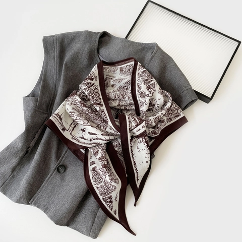 French Vintage Map Print Triangle Scarf For Women Satin Herringbone Bandana Headscarf Vacation Beach Wrap Shawl Headpiece