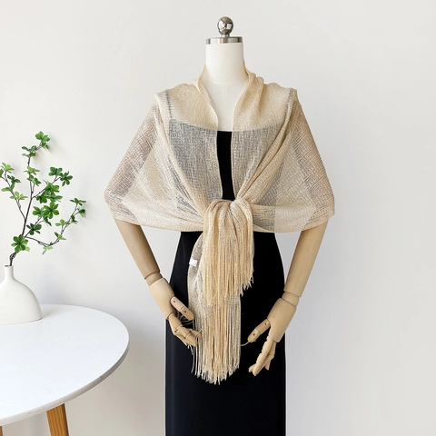 Châle Élégant à Franges en Lurex Métallique pour Femmes Couleur Unie Mailles Ajourées Écharpe de Soirée pour Mariage Fête
